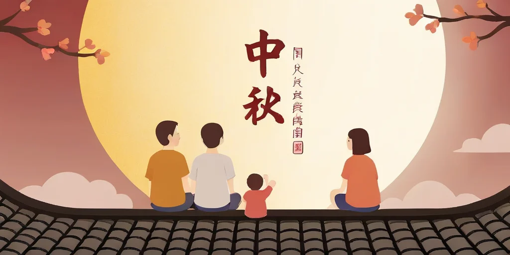 mid autumn festival poster,text:ä¸ç§,<lora:zhongqiu_v3-000034:0.7>,a family of three is watching the moon on the roof,