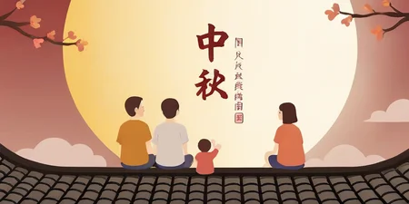 mid autumn festival poster,text:ä¸ç§,<lora:zhongqiu_v3-000034:0.7>,a family of three is watching the moon on the roof,
