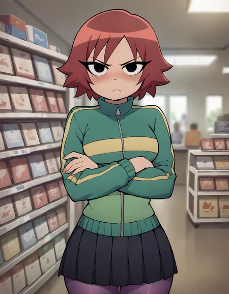 score_9, score_8_up, (dof, blurred background:1.4), indoors, video store, kim pine, looking at viewer, 1girl, solo, angry, blush, wide hips, narrow waist, freckles, red hair, black eyes, short hair, curvy:1.4, crossed arms, green track jacket, black pleated skirt, purple pantyhose <lora:KimSDXL:0.75>