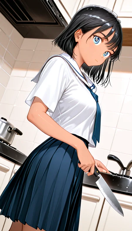 IllusP0s, masterpiece, best quality, amazing quality, very aesthetic, absurdres, newest, (dynamic angle), (detailed eyes:1.4),((Dynamic Angle:1.2))
dynamic_prompting,dynamic_thresholding,lora_block_weight,negpip,wildcard_recursive,wildcards
BREAK
1girl, m1o_manga, black hair, <lora:Mio_-_100percent_-_mangaSummer_Time_Rendering3:1.1>, Sun-kissed skin
school uniform, shirt, serafuku, skirt, (Above-the-knee skirtt), Navy blue tie,
BREAK
Kitchen, holding a knife, checking sharpness, expressionless
cowboy shot, from side