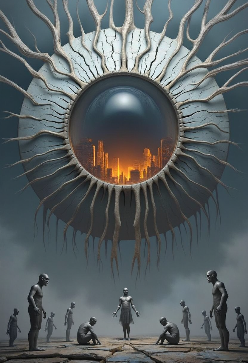 intricate yfg-patt3rn of, A massive humanoid eye with cracked, porcelain-like skin, suspended in a fog-drenched void. Veins extend from its sclera like twisted tree roots, intertwining with skeletal hands reaching from the darkness. Tiny, shadowy figures with featureless faces worship it below, their elongated limbs bending unnaturally. The iris reflects a burning city, but the flames drip upward like melting wax. The air is thick with floating, disembodied mouths whispering unreadable secrets.