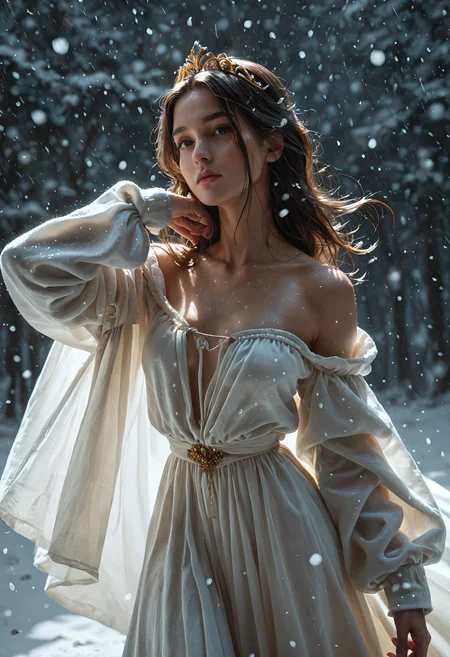 score_9, score_8_up, score_8. score_9, score_8_up, 1girl,
Front view, head tilted back, sensual pose, white loose gown, loose sleeves, golden tiara, sexy, caustics, snowing,
<lora:Pony Realism Slider:3>           