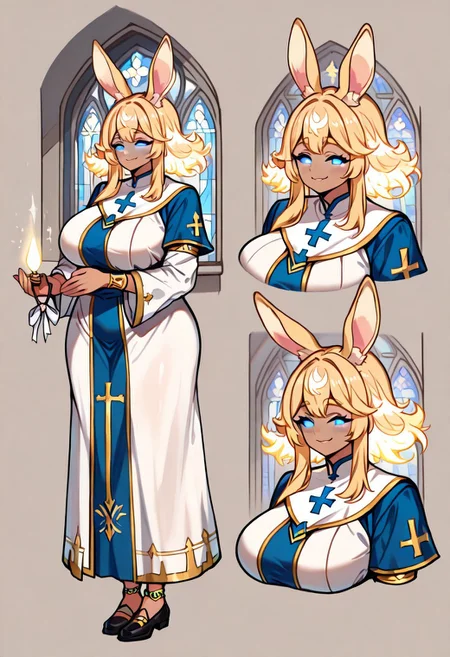 best quality, masterpiece, intricate details, 1girl, sexy, rabbit girl, tan skin, blonde hair, glowing hair, luminous hair, female cleric, hands holding light, plump body, blue eyes, glowing eyes, motherly expression, loving smile, large breast, two-tone hair, red dyed side locks, ribbon hair-ties,  embedding:waifus\HDA_CamilaXL.safetensors , tan skin, cleric robes, detailed embroidery, laurel thigh-garter,  embedding:waifus\, gold anklet, armlet, reference sheet, church interior background, 
 embedding:hda\HDA_MasterpieceXL_v.1.safetensors 
<segment:face,0.4,0.1//cid=1>
<segment:yolo-PitHandDetailer-v1b-seg.pt,0.4,0.25//cid=2>
<segment:yolo-adetailerFootYolov8x_v20.pt,0.4,0.6//cid=3>