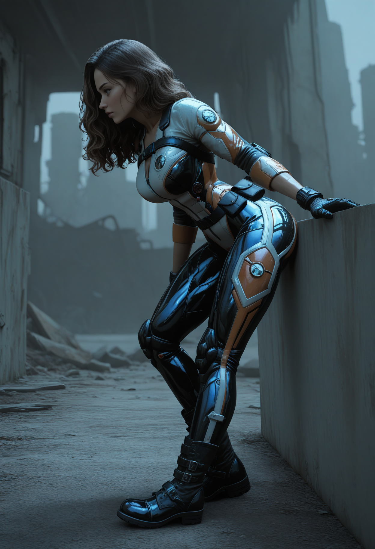 ((masterpiece, best quality, newest, absurdres, highres)),
1girl, solo, brown hair:medium hair:wavy hair,
post-apocalypse,
leaning forward,
looking afar,
wide shot, from side, depth of field,
 <lora:Dark_Courser_Illust_v1:0.7> d4rkc0urs3r, power suit, chest belt, utility belt, belt boots,