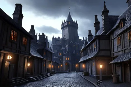 (masterpiece:1.2), (best quality,:1.2), 8k, HDR, ultra detailed, ((photorealistic)), professional light, cinematic lighting, fashion photography, ambient lighting, background, a dark medieval street leading to (a gothic castle on a hill), Darkness, <lora:Darkness-10:1>, epiCPhoto,