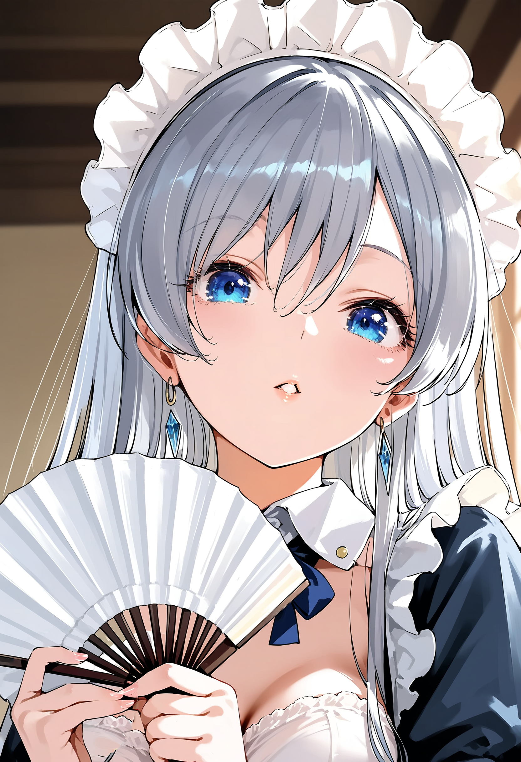score_9, score_8_up, score_7_up,source_anime,rating_explicit,uncensored,anatomically correct,best perspective BREAK
<lora:sensu_Pony_V1.0:1> sensu, hand fan
 <lora:lihua:0.8>  lihua,  maid headdress,silver hair, blue eyes, long hair, 1girl,oval face, parted lips,