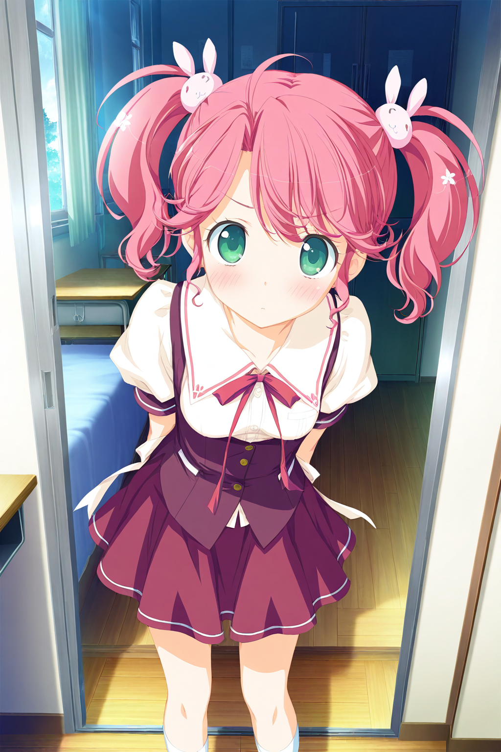 masterpiece,best quality,good quality,rating safe,memorialimouto,kogasaka chinami, 1girl, solo,pink hair, rabbit hair ornament, twintails, hair ornament, green eyes, school uniform,yellow hairclip, short hair,skirt,white socks,game cg,blush,bedroom,standing,looking at viewer,(≧∇≦)/