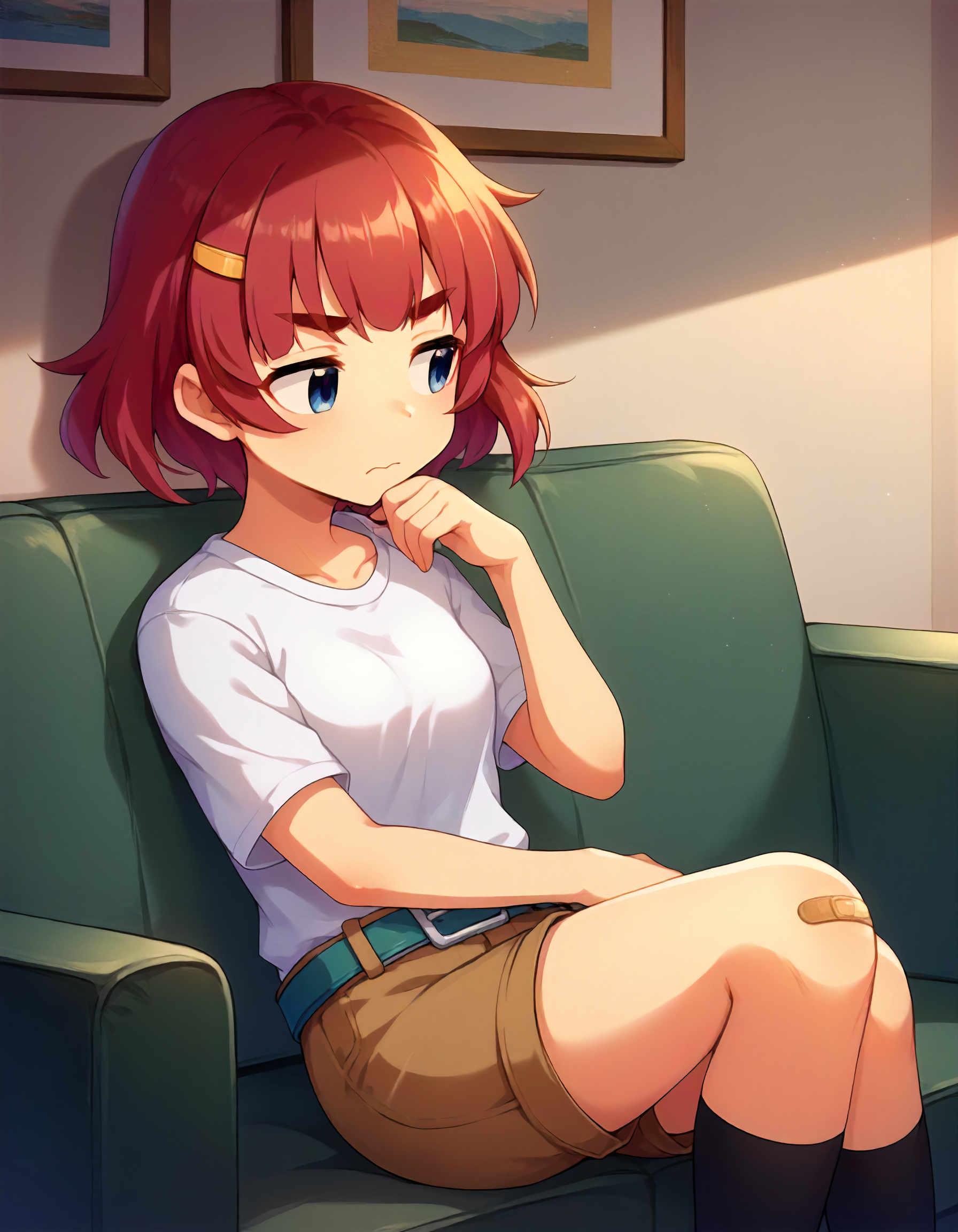 score_9, score_8_up,score_7_up,1girl,solo,looking away,sitting,couch,thinking,closed mouth,hand on own chin,indoors,
<lora:anzaimiyako_v2_ponyXLV6:0.8>,cgam,
red hair,short hair,thick eyebrows,blue eyes,hairclip,small breasts,
T-shirt,belt,brown shorts,
bandaid on knee,kneehighs