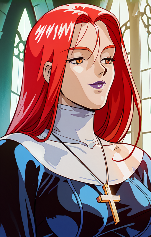 <lora:Director_Angel_of_Darkness_1:1> directoraod, red hair, 1girl, solo,  long hair, retro artstyle, 1990s (style), breasts, lipstick, makeup, purple lips, large breasts,  <lora:traditional-nun-ponyxl-lora-nochekaiser:1> traditional nun, nun, 1girl, habit, long sleeves, dress, black dress, cross, jewelry, necklace, upper body, church, score_9, score_8_up,score_7_up, masterpiece,