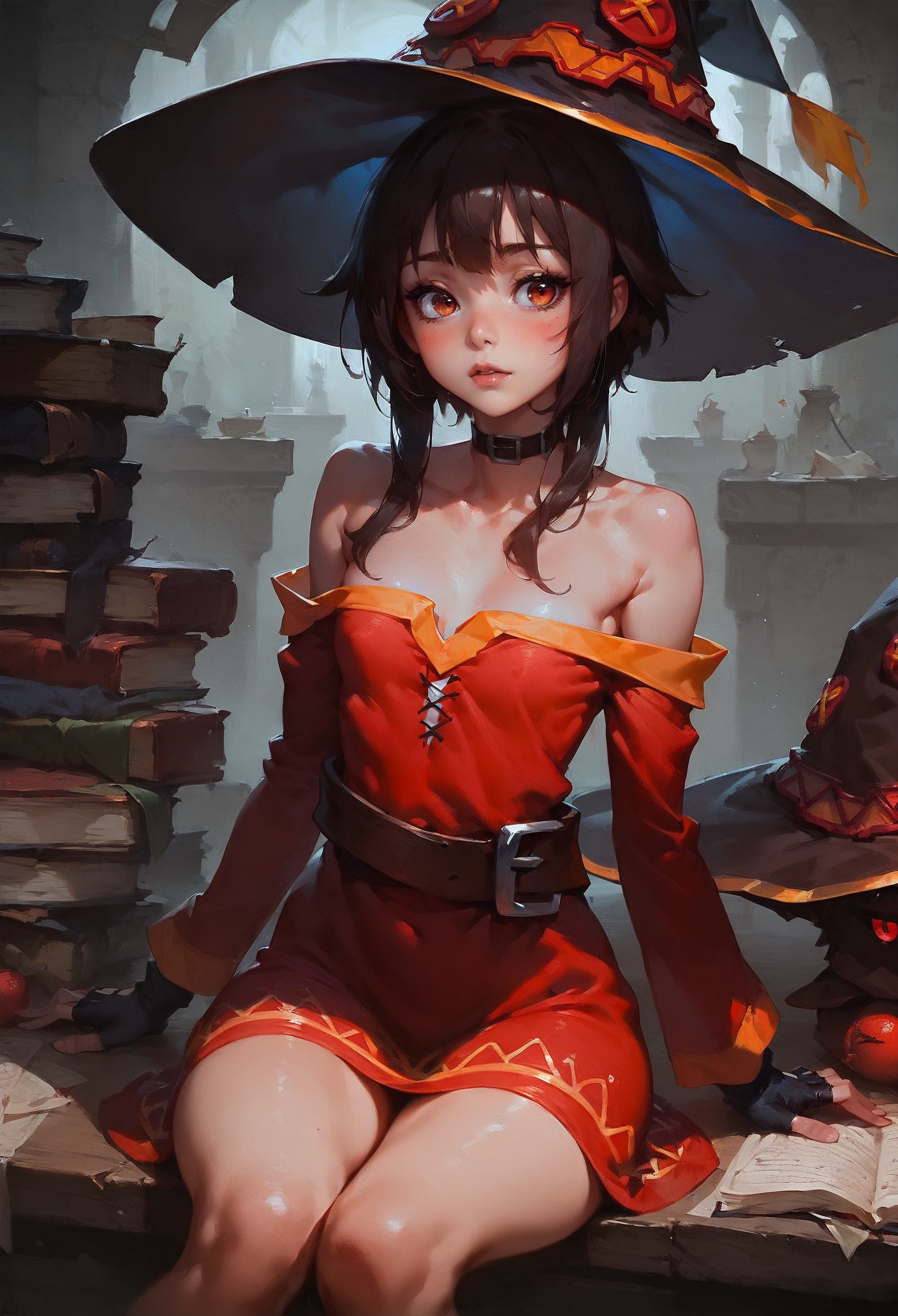 score_9, score_8_up, score_7_up,   Slim girl, tiny breasts, narrow waist, wide hips, skinny, tiny, miniscule, petite, small arms, small legs, small body,  megumin, bare shoulders, black gloves, black hair, blush, choker, collarbone, dress, fingerless gloves, gloves, hair between eyes, hat, long sleeves, medium hair, off-shoulder dress, off shoulder, red dress, red eyes, sidelocks, witch hat, fire in the background, 1girl, delicate and smooth skin, blush, perfect body, thighs, highly detailed, glossy lips,   <lora:Concept Art DarkSide Style LoRA_Pony XL v6:0.8> concept art,     <lora:GwentStyle_v2:0.6> gwentstyle   <lora:Expressive_H-000001:0.8> expressiveh