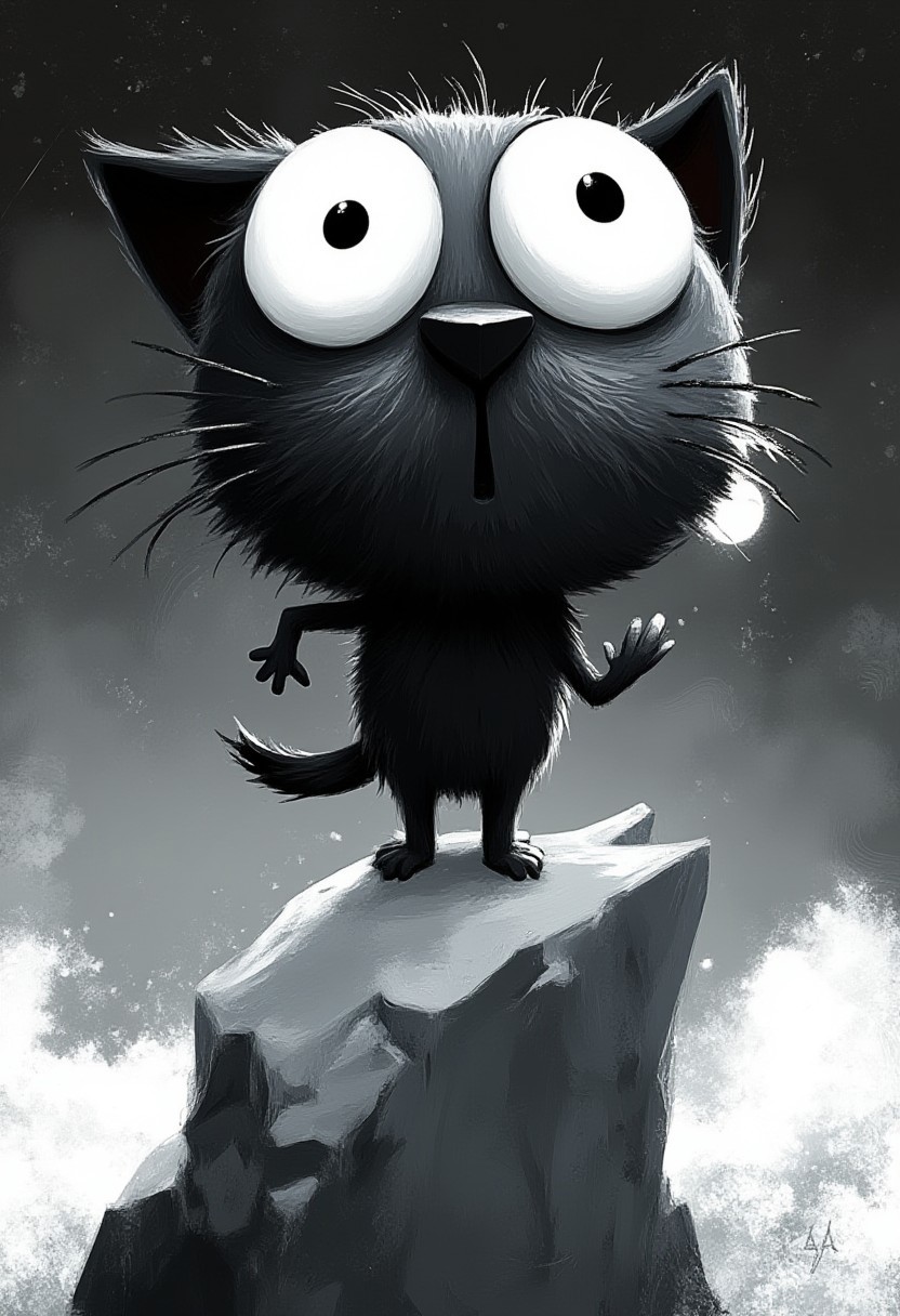 A whimsical illustration of a lanky cat with a disproportionately huge polygonal head in pure black and white, balanced impossibly on a geometric shattered fragment of moon, digital painting with high contrast brushwork showing angular whiskers and prismatic fur patterns, misty night sky background with mathematical star patterns forming constellations, characteristic Tim Burton inspired design with massive white eyes that seem to glow against the black polygonal face, creating a striking monochromatic dreamscape where shadows and highlights tell the story without any need for color