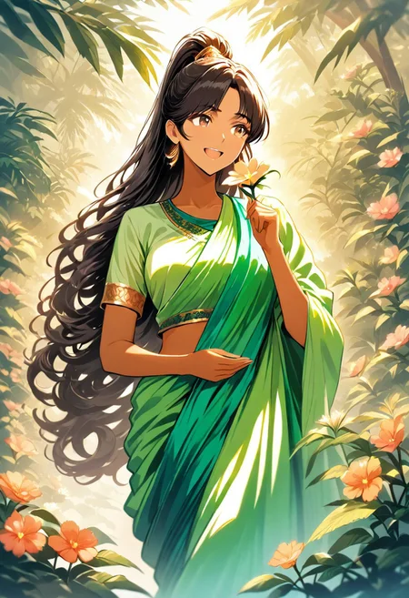 masterpiece, best quality, amazing quality, girl, brown skin, tan skin, perfect brown eyes, very long black hair, whispy bangs, high ponytail, medium breasts, 8k, highest quality, ultra details,1girl, solo,
green Sari, saree, Indian Girl, Traditional Indian Clothes, Brown Skin, holding a flower, walking, happy, summer season,beautiful lush jungle, flowers, , outdoors, warm colors, warm lighting