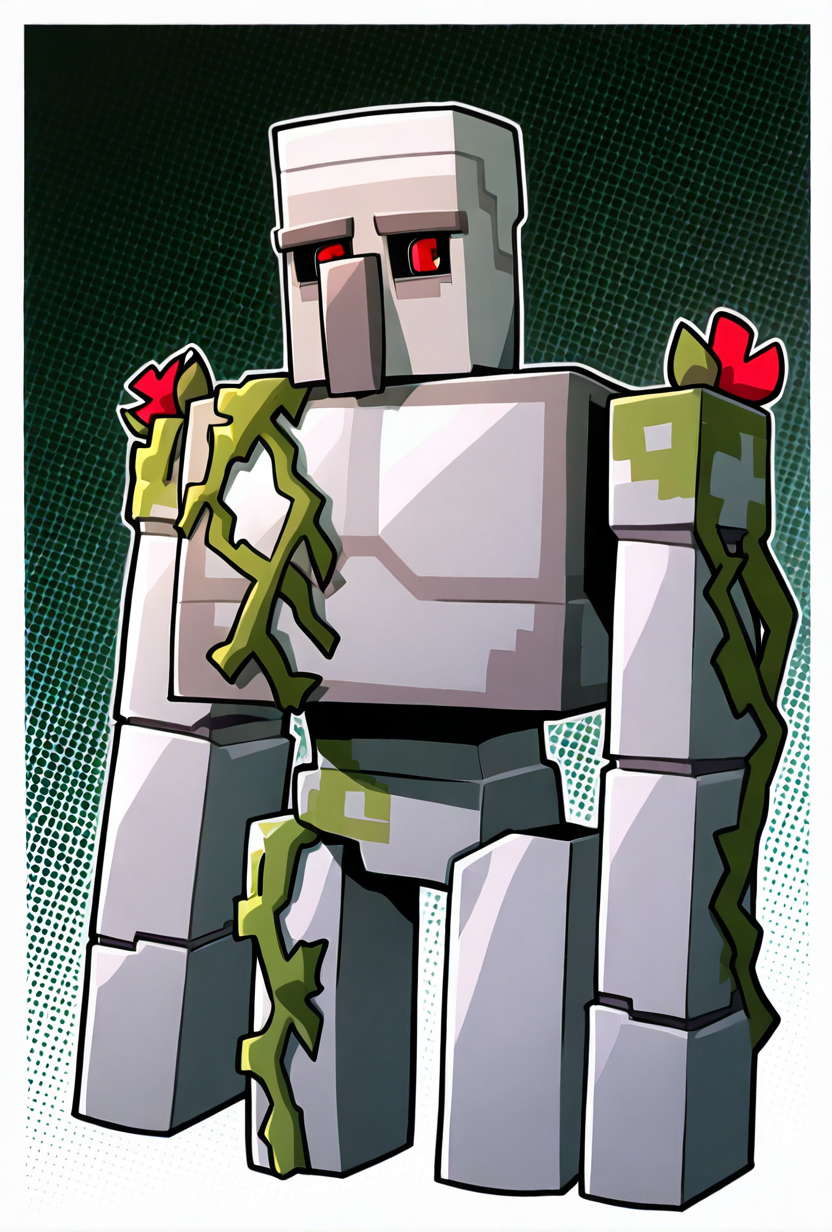 <lora:ironglem-10:1> ironglem, no humans, red eyes, black sclera, red pupils,  standing, solo, robot, big nose, long nose, no mouth, plant, grey metal body, vines, mecha, moss, red flower,  thick monobrow,  upper body, cropped legs, no legs, dynamic angle., masterpiece, best quality, amazing quality, very aesthetic, absurdres, newest,, upper body, halftone effect, white borders, abstract background:1.2,