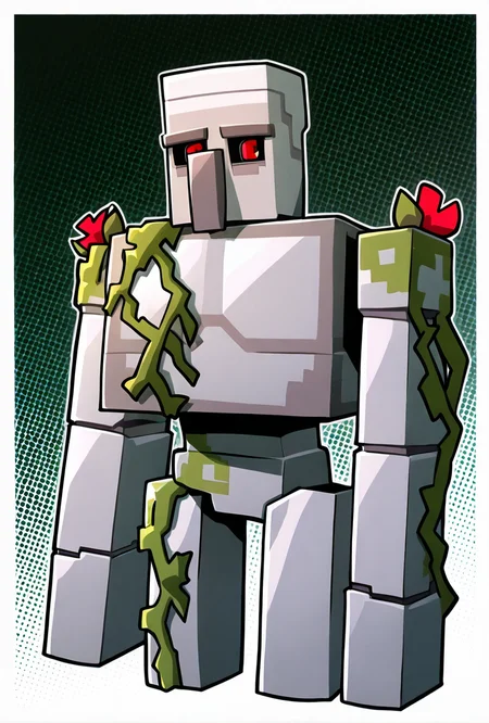 <lora:ironglem-10:1> ironglem, no humans, red eyes, black sclera, red pupils, standing, solo, robot, big nose, long nose, no mouth, plant, grey metal body, vines, mecha, moss, red flower, thick monobrow, upper body, cropped legs, no legs, dynamic angle., masterpiece, best quality, amazing quality, very aesthetic, absurdres, newest,, upper body, halftone effect, white borders, abstract background:1.2,