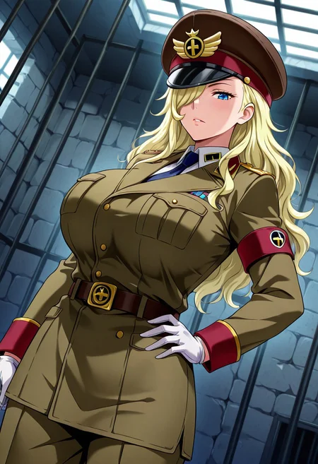 general,highres, ultra-detailed,very aesthetic,best quality ,best hands,best eyes,easynegative,
dynamic anglre, dutch angle, anime cloring,
1girl solo,looking at viewer,prison,indoors, hand on hip,
Domino,blonde_hair, long_hair, wavy hair, hair over one eye, blue_eyes, huge_breasts,military uniform, hat,