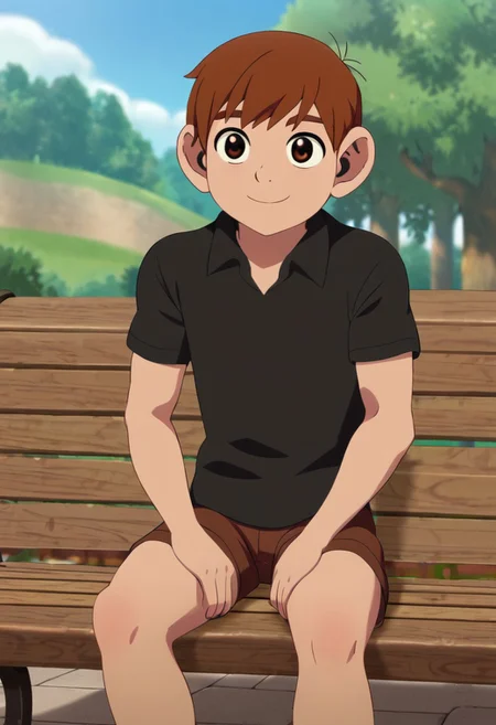 chilchuck_tall, chilchuck_tims, brown hair, handsome, teen, brown eyes, solo, outdoor, sunny day, clear sky, sit on bench, publick park in the background, happy expression, wear black shirt, wear black shorts