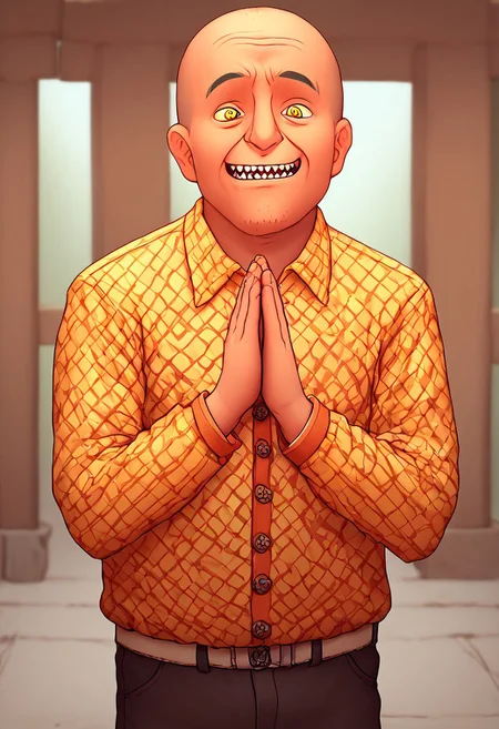 (score_9, score_8_up, score_7_up). (line work, excellent drawing, highest quality, extremely detailed:1.2). ((solo)), male_focus, 1man, old man, very fat, long sleeves shirt, pants, pale skin, happy face, big head, sharp teeth, short, fat, buzz cut hair, criminal, cheap suit, big yellow eyes, weird eyes, bug-eyed, hands up together to pray, shrine pray, praying, shrine praying, ((shrunken head)), depth of field, white background,