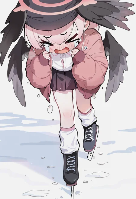 masterpiece, absurdres, newest, very awa, 1girl, solo, koharu \(blue archive\), > <, full body, pink jacket, pleated skirt, black skirt, tucked shirt, lag warmers, winter clothes, ice skates, black wings, blush, facing down, open mouth, crying, <lora:spo_sdxl_10ep_4k-data_lora_webui>, <lora:TA_trained:0.35>, <lora:NOOB_EPSv1_1_detailer_by_vlnvk_v0_5>, <lora:Loffo_style:0.8>