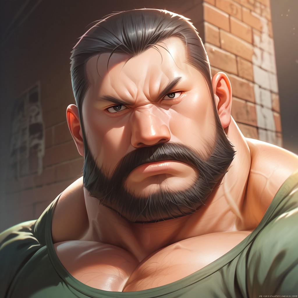 safe_pos, safe_pos, source_anime, detailed background, (score_9, score_8_up, score_7_up), zoroj, masterpiece, best quality, high quality, ultra detailed, highly detailed, high detail, artistic lighting, (highly detailed face, (perfect face, perfect eyes)), depth of field, perfect soft lighting, best shadows, perfect reflections, volumetric, detailed image, high resolution, defined faces, sharp definition,

solo, 1boy, male focus, Sig Curtis, short hair, black hair, black eyes, facial hair, beard, green shirt with short sleeves, musclegut, musclebears, muscular male, bara, veiny muscles, large male,

ruanyi0675, alley, brick wall, dynamic poses, various poses, standing, looking at viewer, ((face shot)),