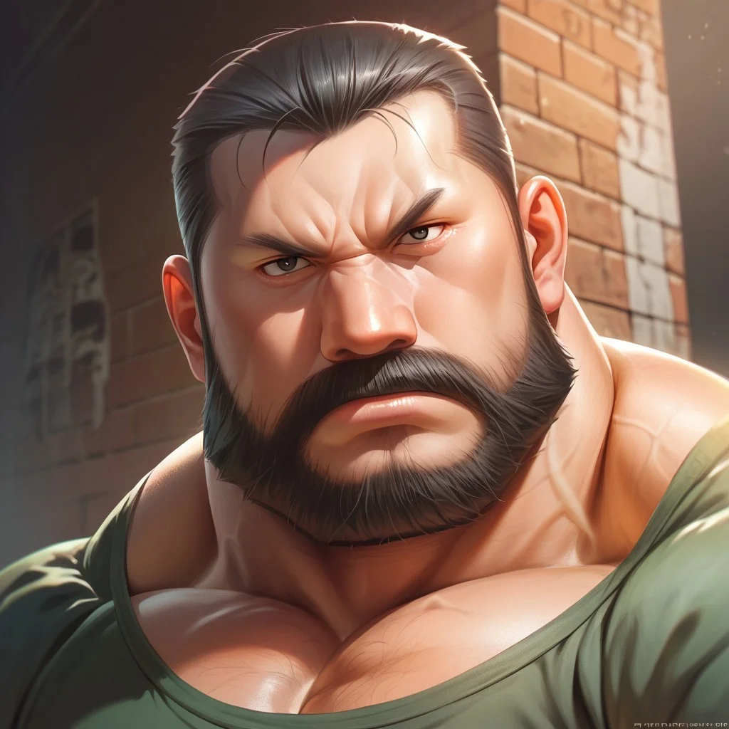 safe_pos, safe_pos, source_anime, detailed background, (score_9, score_8_up, score_7_up), zoroj, masterpiece, best quality, high quality, ultra detailed, highly detailed, high detail, artistic lighting, (highly detailed face, (perfect face, perfect eyes)), depth of field, perfect soft lighting, best shadows, perfect reflections, volumetric, detailed image, high resolution, defined faces, sharp definition,
solo, 1boy, male focus, Sig Curtis, short hair, black hair, black eyes, facial hair, beard, green shirt with short sleeves, musclegut, musclebears, muscular male, bara, veiny muscles, large male,
ruanyi0675, alley, brick wall, dynamic poses, various poses, standing, looking at viewer, ((face shot)),