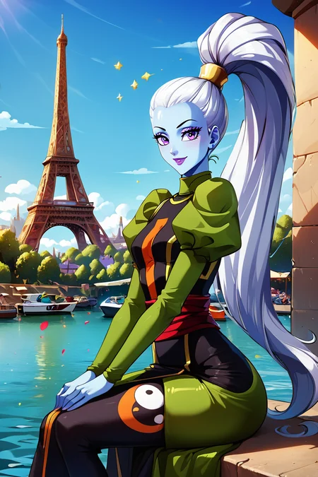 score_9, score_8_up, score_8, medium breasts, (curvy), cute, eyelashes, BREAK, , zzVados, long hair, ponytail, white hair, blue skin, hair pulled back, high ponytail, very long hair, purple eyes, long sleeves, puffy sleeves, sash, purple lips, dress, makeup, lipstick, <lora:Vados_DB_PDXL:0.8>, , BREAK, zzEiffelTower in background, sitting, watercraft, boat, sitting on wall, side view, looking at viewer, smile, ,,, BREAK, blooming stars, luminescent petals, otherworldly fragrance blurry background, ,,, embedding:zPDXL, Expressiveh, ,,, <lora:EiffelTowerPDXL:0.8>, <lora:CatalystStylePDXL:0.6>, <lora:SDXLFaeTastic2400:0.5>, <lora:Expressive_H-000001:0.4>,