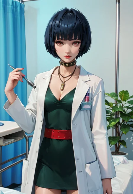 score_9, score_8_up, score_7_up, source_anime, 4n1v3rs3, (masterpiece, Highest quality:1.4), (beautiful, perfection, delicate, Complex:1.2), (cute, Fascinating), (Depth of written border:1.2), Realistic Face:1.2,
1 girl, 30 years old, mature female,
p5tae, tae takemi, short hair, bob cut, bangs, labcoat, necklace, choker, studded collar, short dress, dark green dress, cleavage, red belt, gladiator sandals, platform footwear,
Hospital, examination room, examination table, standing, view from front. cowboy shot,