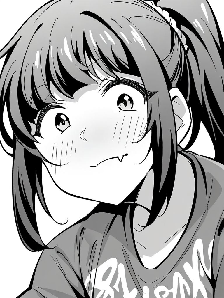 score_9, score_8_up, score_7_up,  
1girl, monochrome, black hair, ponytail, face, close-up, white background, t-shirt,


looking at viewer, wide-eyed, closed mouth, fang, blush,
