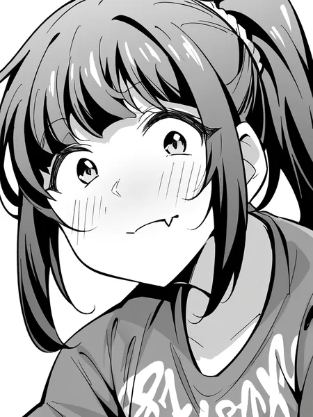 score_9, score_8_up, score_7_up,  
1girl, monochrome, black hair, ponytail, face, close-up, white background, t-shirt,


looking at viewer, wide-eyed, closed mouth, fang, blush,