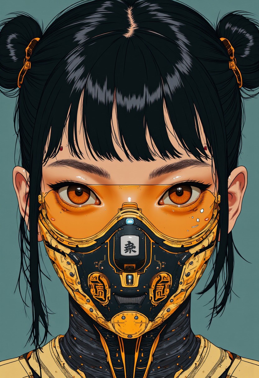 A (closeup portrait:1.4) of a 26 year old Japanese woman. She has black hair tied up in 2 side buns. She has sunglasses on with dark gold lenses. She is wearing an gold and black cyberpunk oni mask over the lower half of her face.