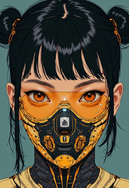 A (closeup portrait:1.4) of a 26 year old Japanese woman. She has black hair tied up in 2 side buns. She has sunglasses on with dark gold lenses. She is wearing an gold and black cyberpunk oni mask over the lower half of her face.