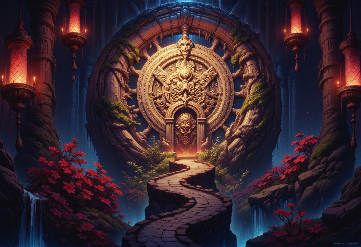 Digital illustration of path in serpentine tunnel leading to a huge golden door, carved inside a massive vertebral column with ivory walls, flickering bioluminescent red plants, 2D, visual hierarchy, dark atmosphere, red light, blue tiny water trickle, OBxiaoxiang, R3alisticF, G0thicL1nes