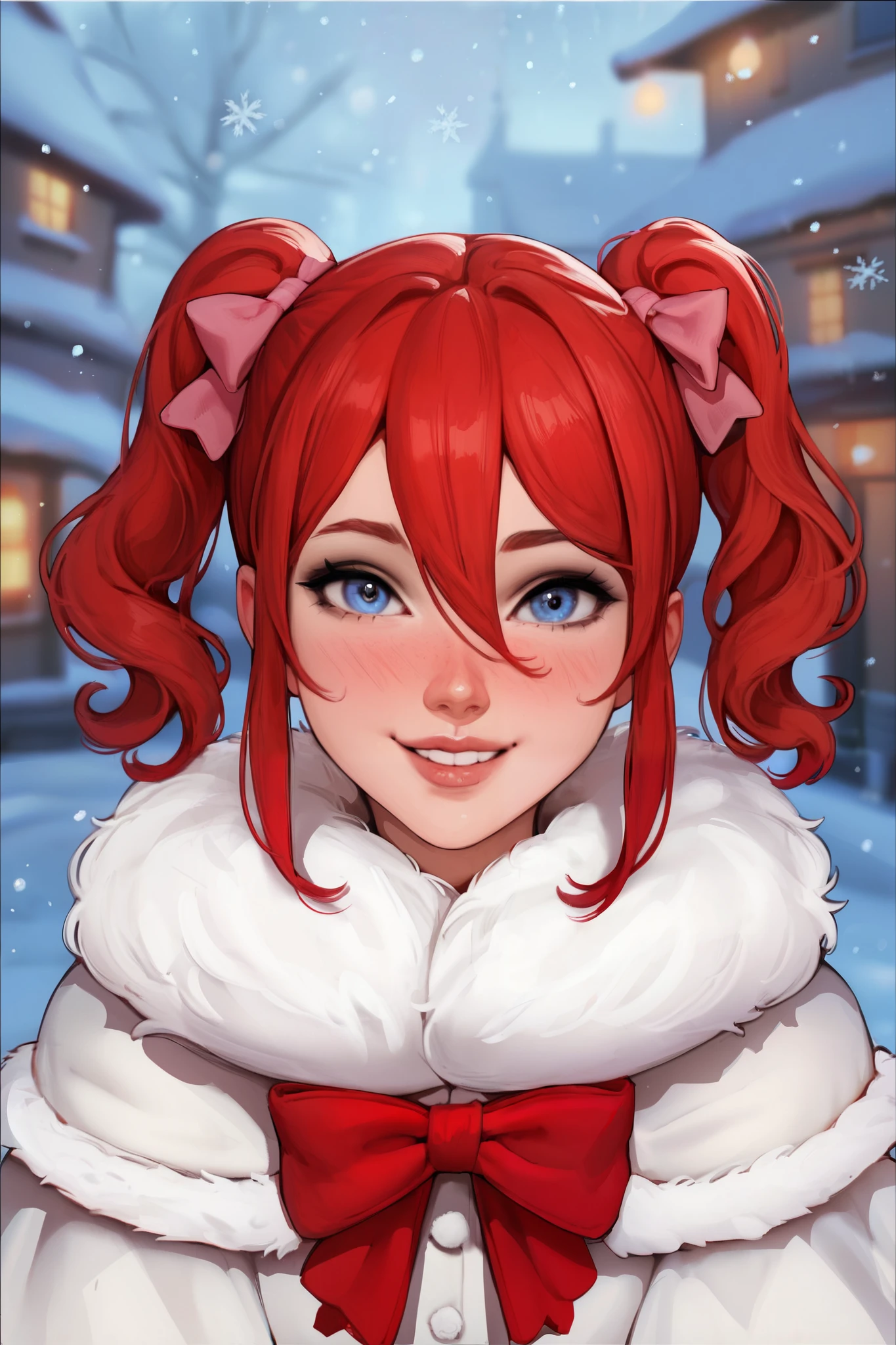 score_9, score_8_up, score_7_up, score_6_up, 1girl, 25 years old, perfect face, cute, petite, blue eyes, red hair, short hair, short twintails, hair between eyes, hair bow, fur trim, fur capelet, white coat dress, fur-trimmed dress, red bow, blush, shy smile, portrait, face focus, depth of field, looking at viewer, snowing, winter, village,