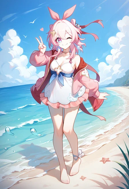 score_9, score_8_up, score_7_up, score_6_up, source_anime, 1girl, march 7th \(honkai: star rail\), hair ornament, cute, pink hearts, pink hair, one eye closed, smile, full body, standing, peace sign, ocean, beach, bare foot