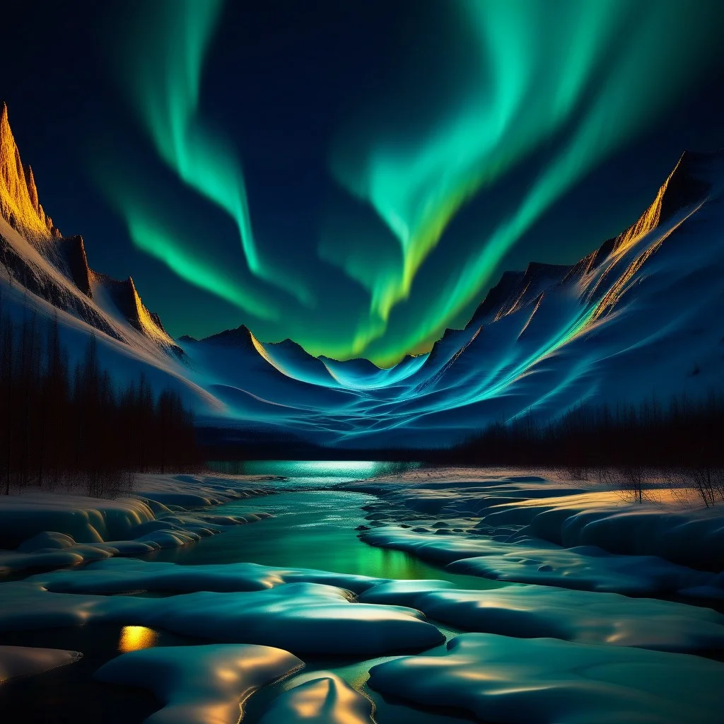 Liquid Marble Lake, Golden accents, golden aurora borealis?! how is this even gonna work? vibrant aurora borealis