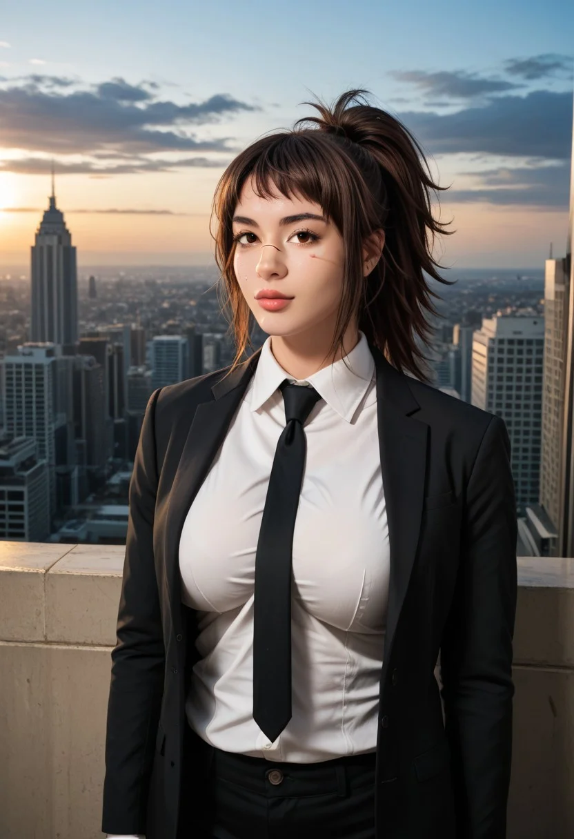 score_9, score_8, score_7, a high detail RAW color professional photo of a 30yo beautiful stunning woman posing for a picture, Expressiveh, plump lips,luscious lips, muscular and voluptuous body, round breasts, breasts together, soft lighting, 8k, perfect lighting, cinematic lighting, cowboy shot, candid photography, looking at the viewer, f/2.8, 50mm focal length, ISO 200, photographed on a Canon EOS 90D Camera, brown hair, ponytail, bangs, sidelocks, brown eyes, scar on face, formal, black suit jacket, open jacket, white shirt, collared shirt, shirt tucked in, black necktie, black pants, outdoors, cityscape