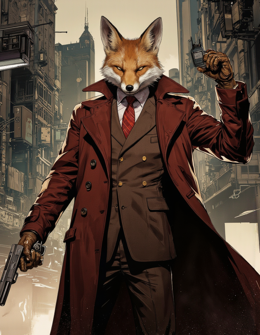 ZooPolis art. A digital illustration shoot from a frontal camera angle about a fox character dressed in a red coat holding a gun, set in a futuristic cityscape with tall buildings and a post-apocalyptic atmosphere. the image also shows dramatic lighting effects and a dark, gritty cityscape in the background. on the middle of the image, a fox, who appears to be in his mid-twenties, with a serious expression, is standing confidently, holding a handgun in one hand and a walkie-talkie in the other. the fox is facing the viewer, looking directly at them with its eyes closed, and its fur is a reddish-brown color with a white patch on its forehead. it is wearing a brown coat, a white shirt, a red tie, and brown gloves, and has a slim body. the overall style is reminiscent of comic book art, with detailed shading and vibrant colors, and the overall atmosphere is dark and gritty.