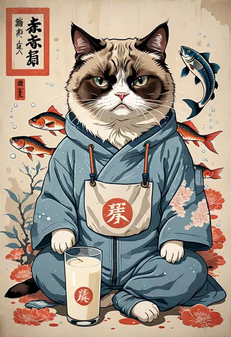 waifu, cat onesie, realistic grumpy cat, ukiyo-e style, muted colors, woodblock print textures,  symbolic background elements (fish bones, spilled milk), humorous juxtaposition
