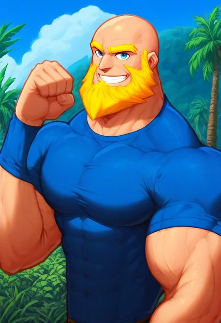 score_9, score_8_up, score_7_up, score_6_up, score_5_up, score_4_up, rating_questionable <lora:gomtang_style_1:1, <lora:add-detail-xl:1.5>, Completely Bald, Half Body, Flexing Muscle With One Arm, (Outside Tropical House Scenery), 1boy, {Strong Triangular Jawline}, bodybuilding, {massive pectoral}, {beefy muscle}, Tall, Goliath, Rugged Features, Chiseled Features, Mature Male, 40-Year Old Man, {Thick Yellow Eyebrows}, {Blue PE Teacher Shirt, PE Outfit}, Blue Eyes, Brawl Stars Style, Saying Hi, Closed Mouth Smile, Highlights,, Bald, Strong Neck, Epic Beard, {Very Long Beard}, Big Beard, Small Waist, Huge Biceps, ({Yellow Beard}), GomTang, {very long big epic beard), <lora:Cruz'sBeardedMan:0.7>, Looking At Viewer, Masterpiece