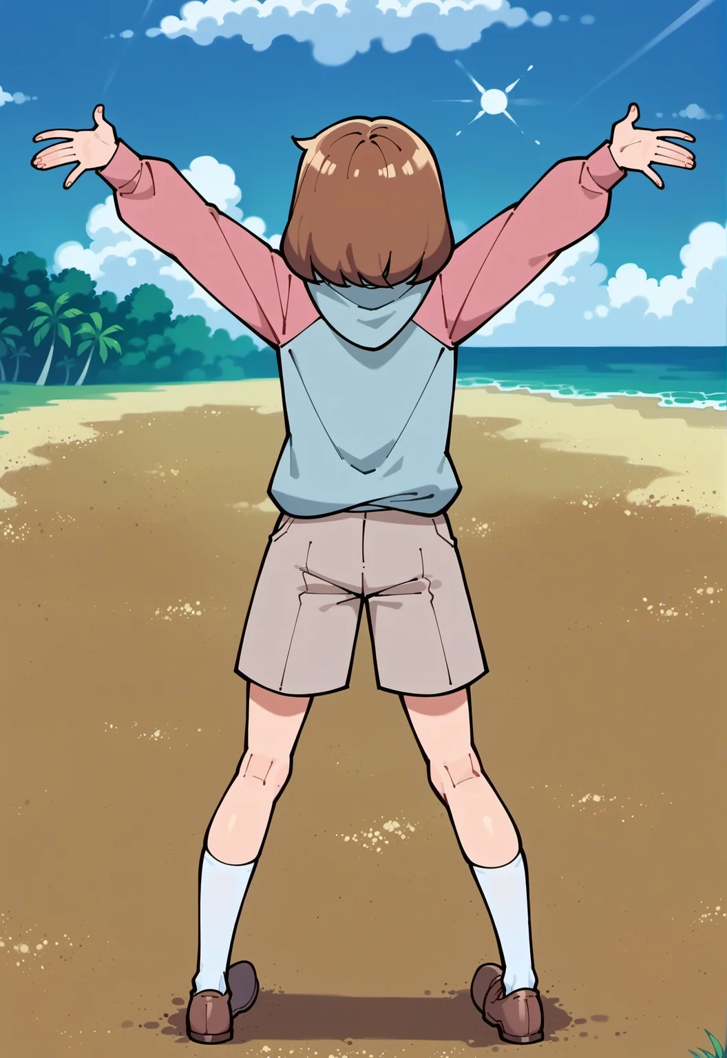 score_9, score_8_up, score_7_up, score_6_up,
BREAK
SharlaMWS, 1girl, sharla \(mujin wakusei survive\), facing away, glasses, brown hair, medium hair, bangs, solo, small breast, upper body, full body, from behind, back, standing, spread legs, spread arms, arms up
BREAK
pink hoodie, hood down, long sleeves, pink collared shirt, brown shorts, white legwear, brown shoes
BREAK
outdoors, beach, ocean, sand, fores, grass, tree, sun, blue sky, sky, daylight, day, cloud, horizon <lora:Sharla_PlanetSurvival:1>