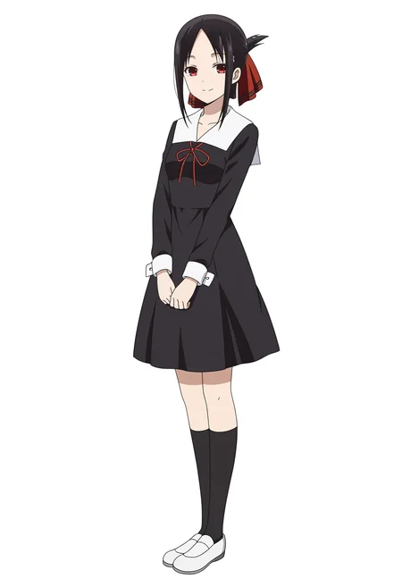 <lora:Kaguya SHINOMIYA_illustrious-000010:1>,1girl,Kaguya SHINOMIYA,
solo, school uniform, red ribbon, ribbon, full body, dress, white background, socks, black dress, parted bangs, hair ribbon, smile, black socks, looking at viewer, long sleeves, simple background, standing, kneehighs, collarbone, white footwear, shoes, closed mouth, sidelocks, neck ribbon, collared dress, anime screencap