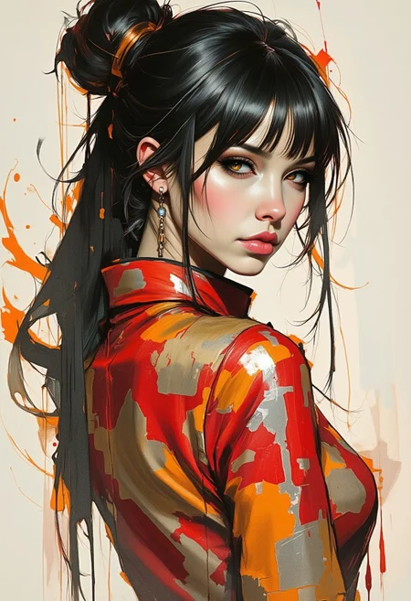 OBxiaoxiang, Silhouette Art, breathtaking detailed, masterpiece, awe-inspiring, radiant, magnificent. (all dark hues and fine vibrant orange glowing smoldering accent and shiny silver color scheme:1.02), glossy inksplash image. stunning oriental woman, long hair, gold and red cheongsam, turning to look at viewer, direct sensual gaze