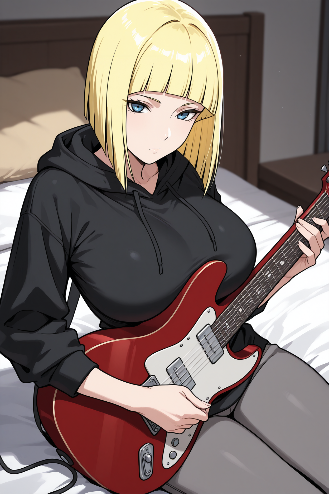 masterpiece, best quality, 1girl, solo, <lora:samui-illu-nvwls-v1-000006:1> s4mui, blonde hair, medium hair, bob cut, blunt bangs, blue eyes, large breasts, black hoodie, grey pants, holding guitar, sitting on bed, bedroom
