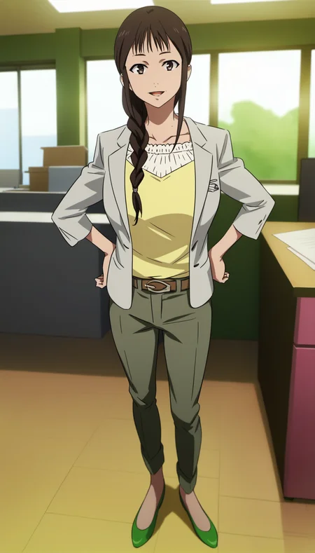 score_9,score_8_up,score_7_up,
<lora:MisatoSegawa:1>,
misato segawa,
1girl,solo,black hair,bangs,braid,brown eyes,looking at viewer,smile,parted lips,light yellow top with ruffled neckline,gray blazer,wide-legged olive green pants above ankles,brown belt,green flat shoes,full body,left hand on hip,standing,
blurry background,bloom,lens flare,vignetting,indoors,office,
