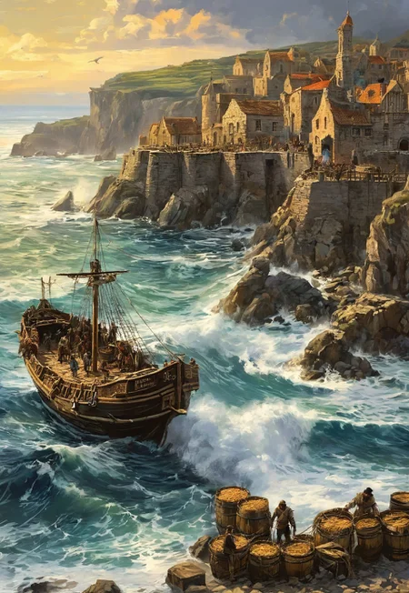 style of [ Eytan Zana | Alfons Walde | Halil Ural ], score_9, score_8_up, score_8_up, ng_deepnegative_v1_75t,colorful, magical, dreamlike, painterly,  iillustration, shattered bedrock, a frantic seaside town (mercantile, medieval, longboats, barrels, crates, netting, crowds, horses, sheep, pigs, piers, frigates, vessels), churning waves, majestic seaside cliffs, a shoreline, storm-laden skies, very detailed: 1.5
, masterpiece, PYS-XL,