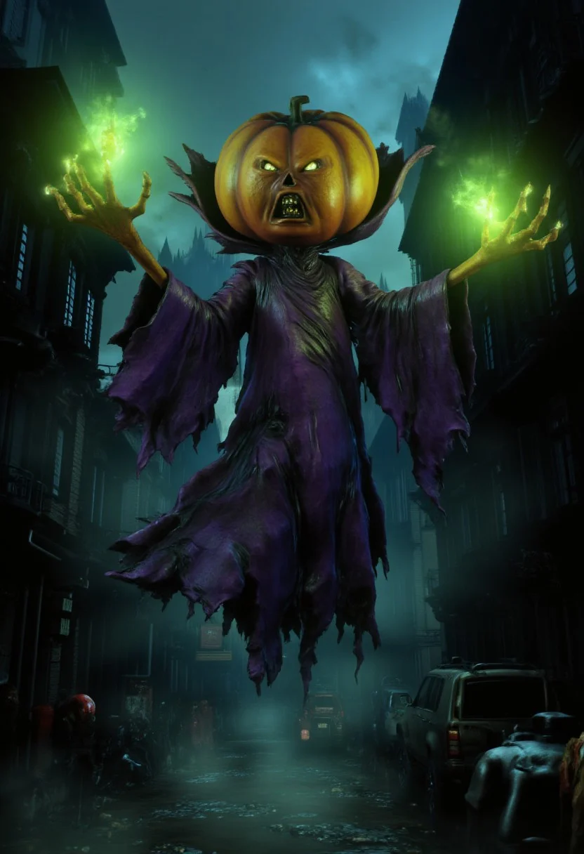 Horror theme, dark, Pumpkin head, ripped purple robes, floating above a city street, casting a spell, hands above head glowing with violent green energy.