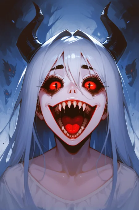horror-themed one girl, sweetheart, crazy look, crazy smile, sharp teeth, horns, black sclera, red eyes, looking at the viewer <lora:Desolation:0.5> <lora:Dark_Aura_XL_-_Filled_with_miasma:0.7> <lora:OverallDetail:0.8>, score_9, score_8_up, score_7_up . eerie, unsettling, dark, spooky, suspenseful, grim, highly detailed