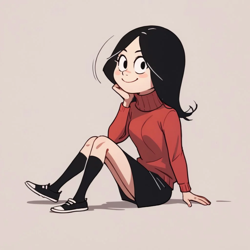 score_9, score_8_up, score_7_up BREAK Calcetinera, 1girl, black hair, black eyes, red turtleneck sweater, black skirt, black socks, flat white shoes, cute smile, cartoon, source_cartoon, solo, solo focus, face view, face closeup,