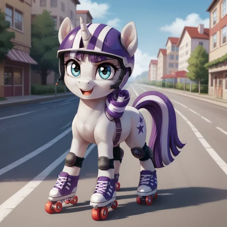 score_9, score_8_up, score_7_up, score_6_up, score_5_up, score_4_up, score_3_up, score_2_up, score_1_up, g4, solo, pony, feral pony, twilight velvet, young, kid, child, children, younger, street, road, roller skates, helmet, knee pads, elbow pads, happy, look at you, cute, glare, high res, detailed face, active pose, mobile pose