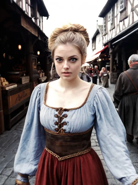 analog photograph of 1girl looking like Kristen_Sims_P_MXAI_SDXL wearing a medieval peasant dress, walking through a medieval city market filmgrain