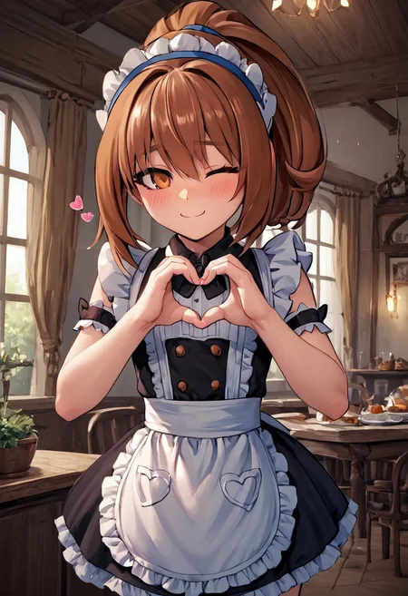 score_4,score_5,score_6,score_7_up,score_8_up,score_9 ((masterpiece,best quality,ultra detailed,highres,HD,4k:1.2)),
1girl, solo,solo focus,girl focus,face focus,
Kohaku(iX),((brown hair)), orange eyes, ponytail, sidelocks,hairband,very small breast,petite,
Maid outfit,Sleeveless, maid headband, frilly apron,Short sleeves, short skirt, thighs,
inside the cafe, ((Make a heart symbol with both hands, heart with both hands,heart hands,heart symbol,heart,heart effect,)),
blush,shy,smile,((wink,closed one eye)),